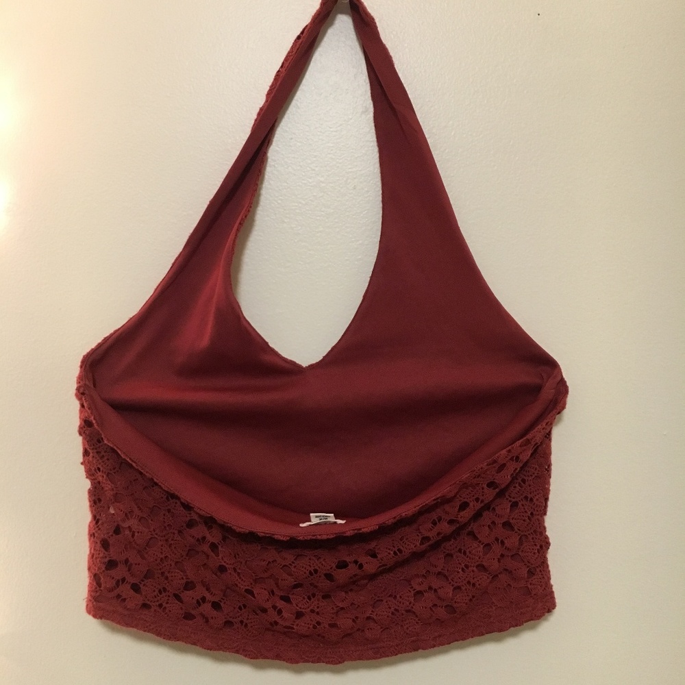Dark Red/Maroon Lace Double Layer Halter Crop Top - Picture 3 of 4